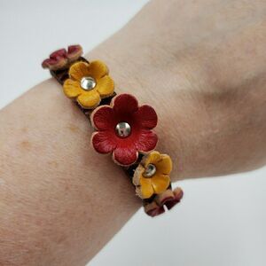 Handmade Floral Leather Cuff Bracelet Adjustable Rustic Boho Prairie Cottagecore